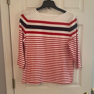 Talbots Red, White and Navy Striped Boatneck Long Sleeve Top cotton stretch